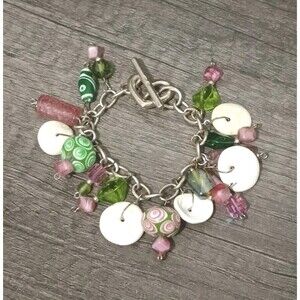 S.A. BERS Lamp Carved Glass Shell Heart Toggle Sterling Silver Charm Bracelet